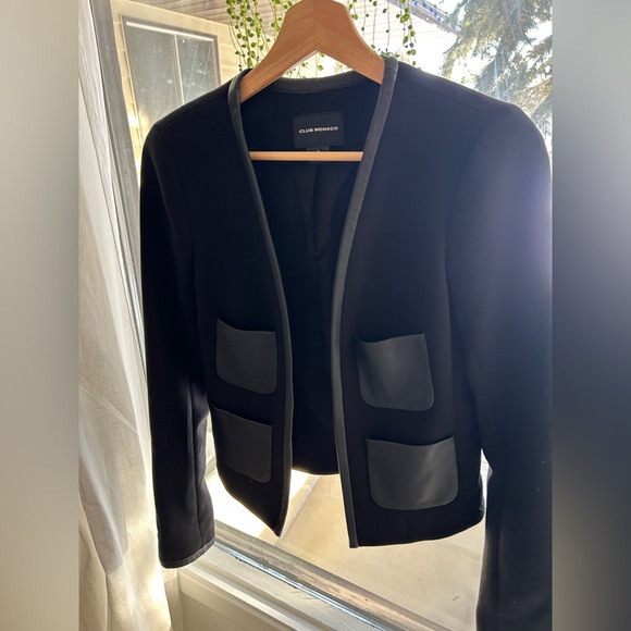 Club Monaco Black Women's Blazer w/ Leather Trim, Size 2 - Picture 2 of 12